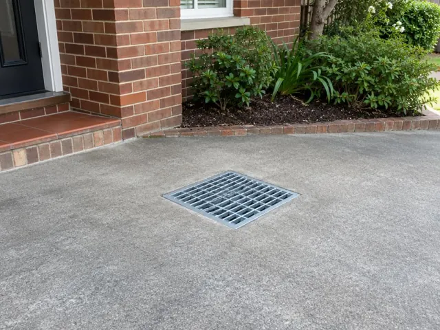 Flush stormwater grate in a concrete driveway beside a brick house and garden bed in Killara